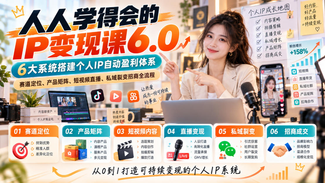 人人学得会的IP变现课6.0，6大系统搭建个人IP自动盈利体系，赛道定位、产品矩阵、短视频直播、私域裂变招商全流程-站长V课