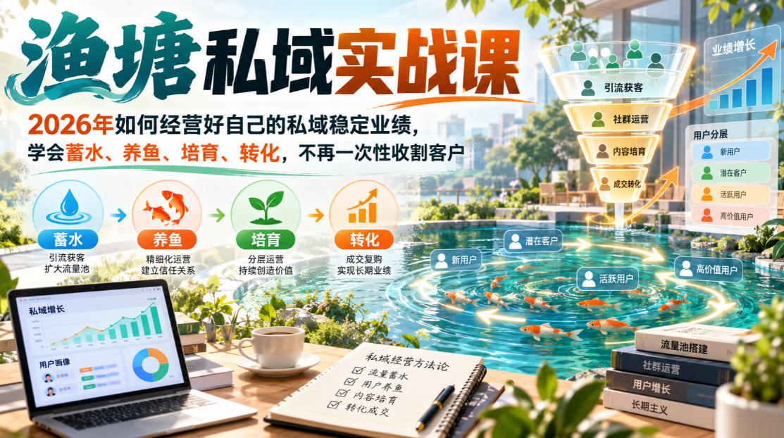 渔塘私域实战课，2026年如何经营好自己的私域稳定业绩，学会蓄水、养鱼、培育、转化，不再一次性收割客户-站长V课