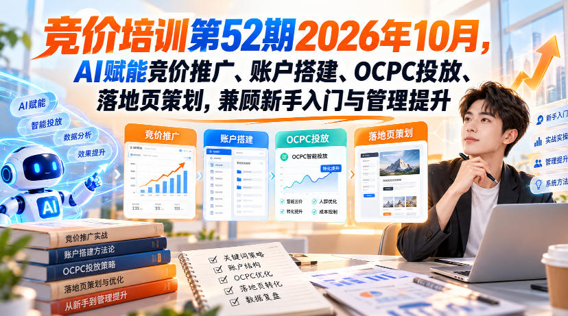 【无水印】竞价培训第52期2026年10月，AI赋能竞价推广、账户搭建、OCPC投放、落地页策划，兼顾新手入门与管理提升-站长V课