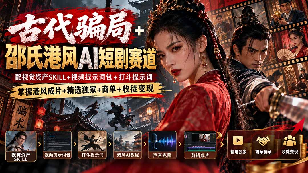 古代骗局+邵氏港风AI短剧赛道:配视觉资产SKILL+视频提示词包+打斗提示词,掌握港风成片+精选独家+商单+收徒变现-站长V课