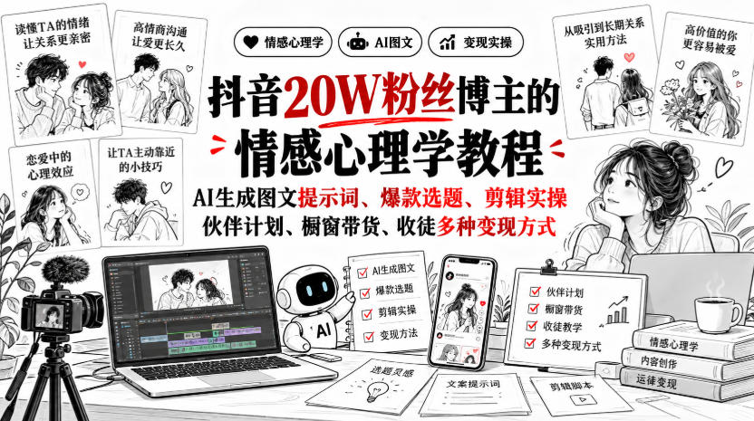 抖音20W粉丝博主静候心声的情感心理学教程,AI生成图文提示词、爆款选题、剪辑实操,伙伴计划、橱窗带货、收徒多种变现方式-站长V课