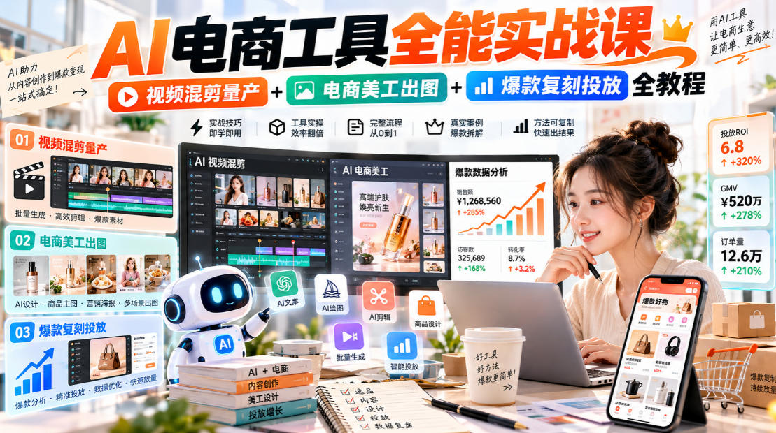 AI电商工具全能实战教学,视频混剪量产+电商美工出图+爆款复刻投放全教程-站长V课