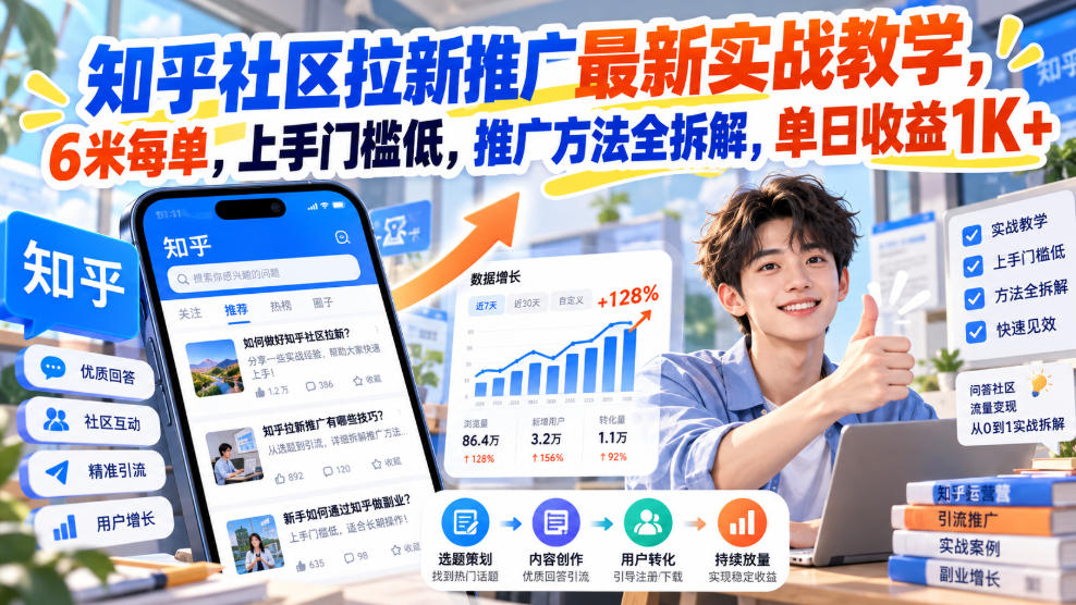 知乎社区拉新推广最新实战教学,6米每单,上手门槛低,推广方法全拆解,单日收益1K+!(更新0930)-站长V课