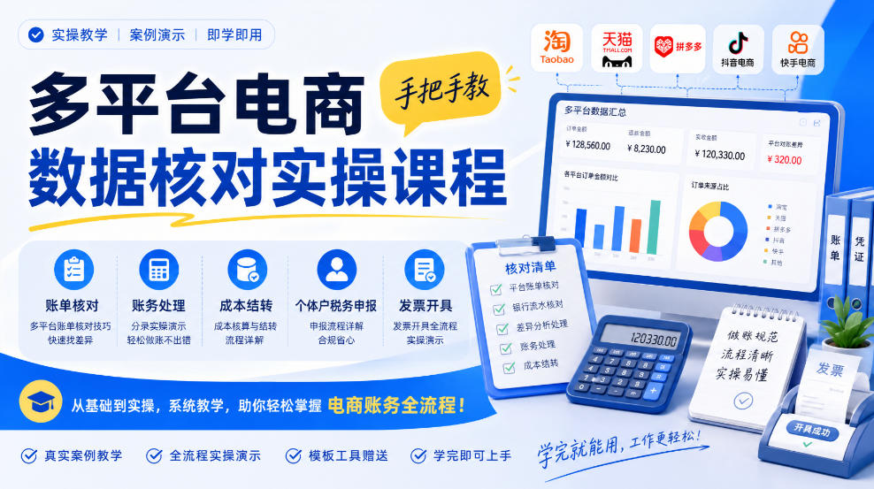 多平台电商数据核对实操课程,手把手教账单核对、账务处理、成本结转、个体户税务申报与发票开具-站长V课