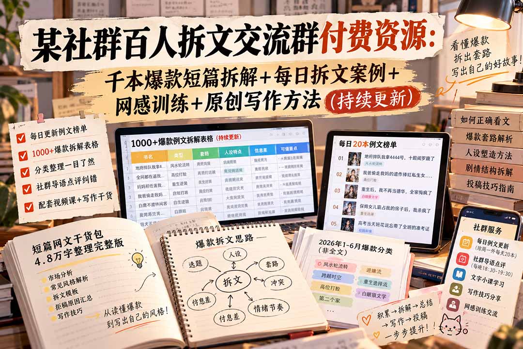 某社群百人拆文交流群付费资源-更新0929:千本爆款短篇拆解+每日拆文案例+网感训练+原创写作方法-站长V课