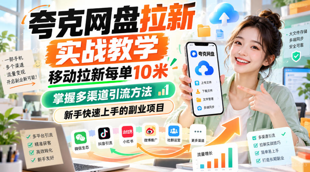 夸克网盘拉新实战教学,移动拉新每单10米,掌握多渠道引流方法,新手快速上手的副业项目(更新0929)-站长V课