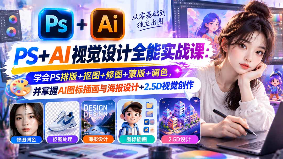 【无水印】PS+AI视觉设计全能实战课:学会PS排版+抠图+修图+蒙版+调色,并掌握AI图标插画与海报设计+2.5D视觉创作-站长V课
