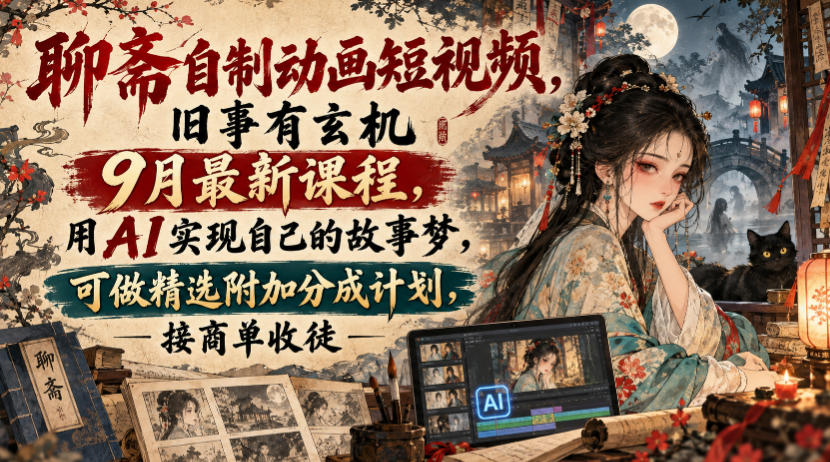 聊斋自制动画短视频,旧事有玄机9月最新课程,用AI实现自己的故事梦,可做精选附加分成计划,接商单收徒-站长V课