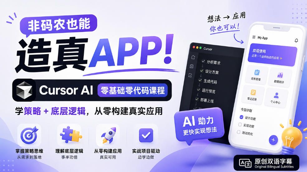 非码农也能造真APP!Cursor AI零基础零代码课程:学策略+底层逻辑,从零构建真实应用【原创双语字幕】-站长V课