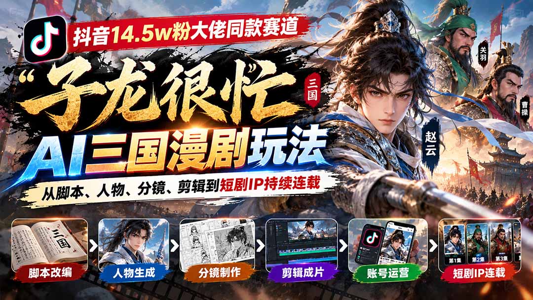 抖音14.5w粉大佬同款赛道「子龙很忙」AI三国漫剧玩法:从脚本、人物、分镜、剪辑到短剧IP持续连载-站长V课