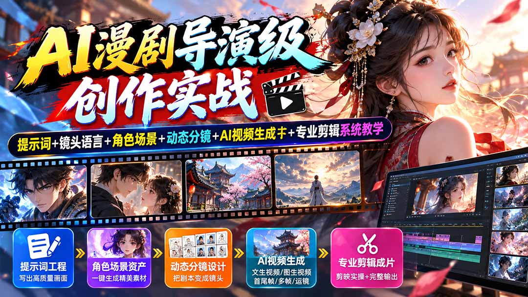 AI漫剧导演级创作实战：提示词+镜头语言+角色场景+动态分镜+AI视频生成+专业剪辑系统教学-站长V课
