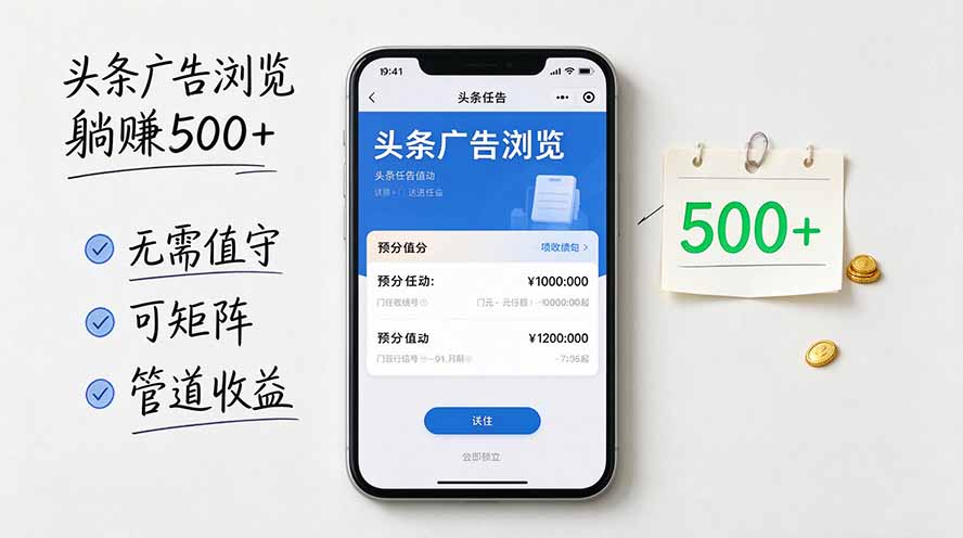 头条广告浏览躺赚500+无需值守,可矩阵并附有管道收益-站长V课