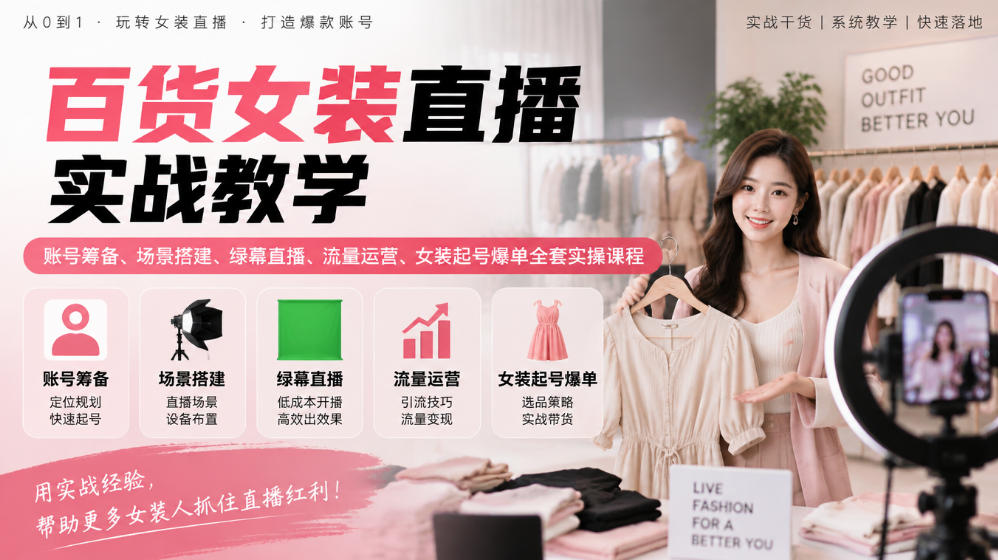 百货女装直播实战教学｜账号筹备、场景搭建、绿幕直播、流量运营、女装起号爆单全套实操课程-站长V课
