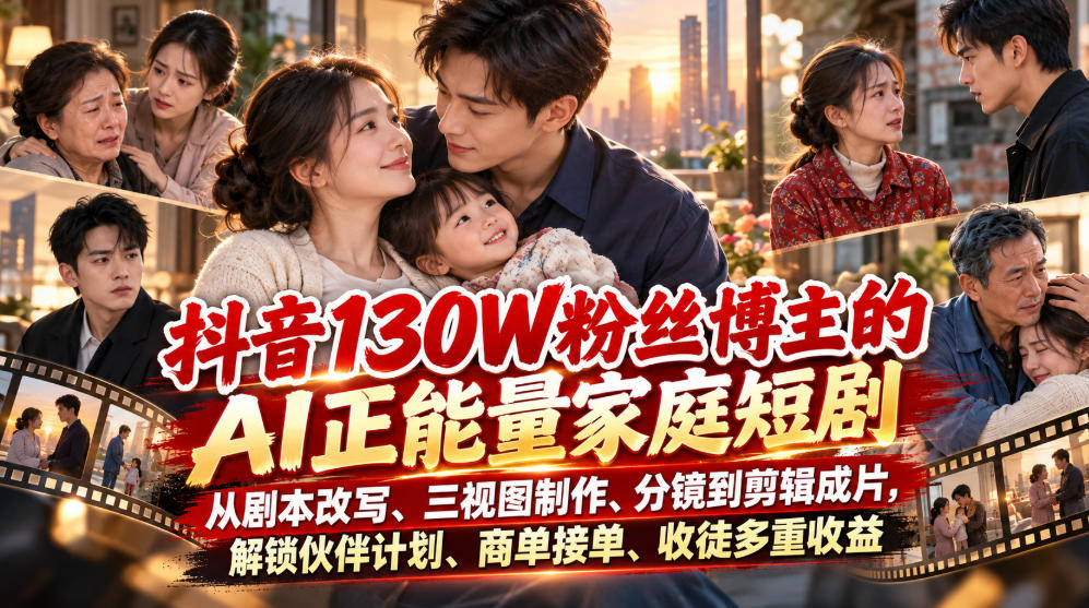 抖音130W粉丝博主的AI正能量家庭短剧，从剧本改写、三视图制作、分镜到剪辑成片，解锁伙伴计划、商单接单、收徒多重收益(更新1007)-站长V课