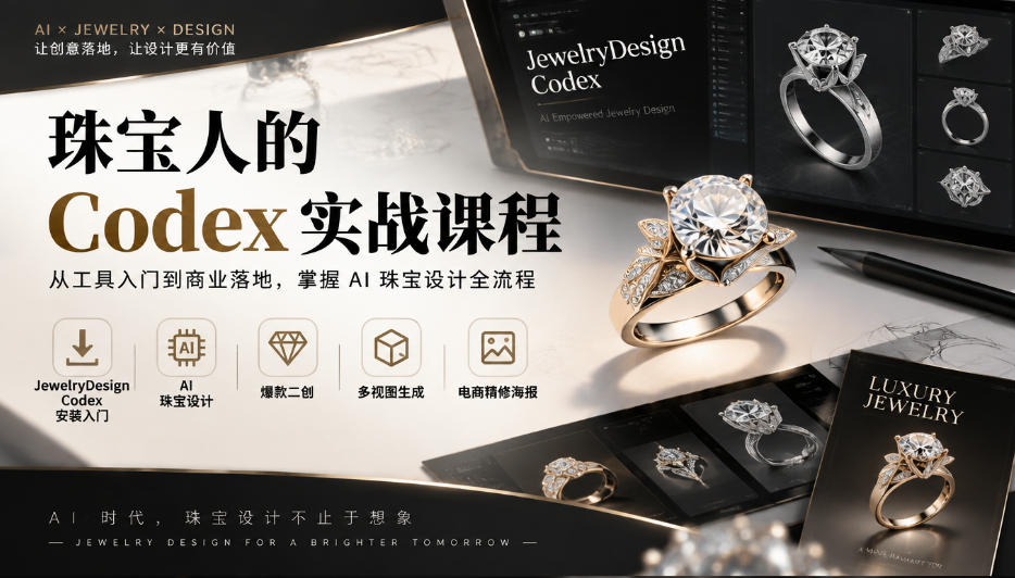 珠宝人的Codex实战课程｜JewelryDesign Codex安装入门、AI珠宝设计、爆款二创、多视图生成、电商精修海报全链路教学-站长V课