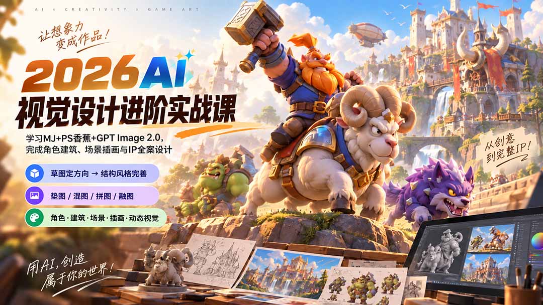 2026AI视觉设计进阶实战课-更新1007：学习MJ+PS香蕉+GPT Image 2.0，完成角色建筑、场景插画与IP全案设计-站长V课