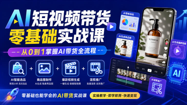 AI短视频带货零基础实战课｜AI智能选品+商品图制作+爆款视频生成+混剪推广，从0到1掌握AI带货全流程-站长V课