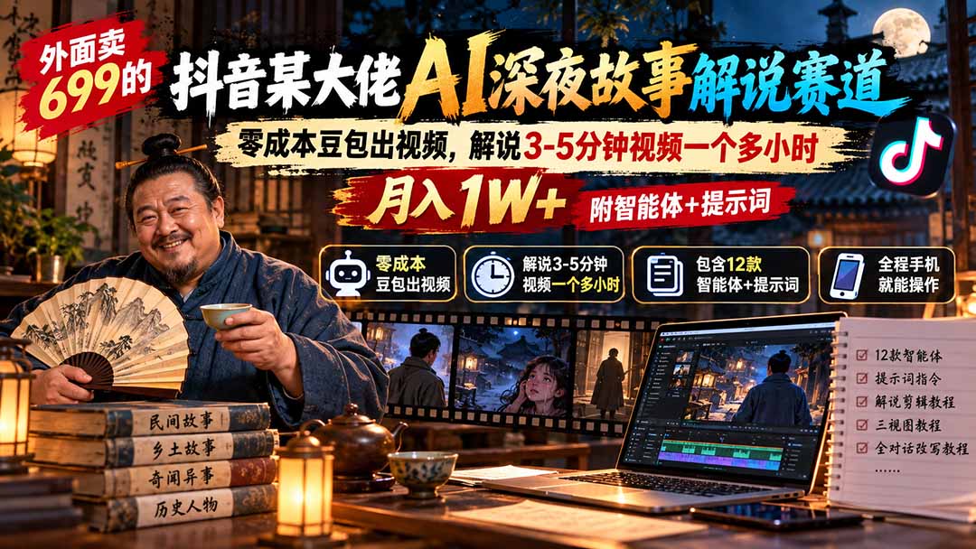 外面卖699抖音某大佬AI深夜故事解说赛道-更新：0成本豆包出视频+解说3-5分钟视频一个多小时，月入1W+附智能体+提示词-站长V课