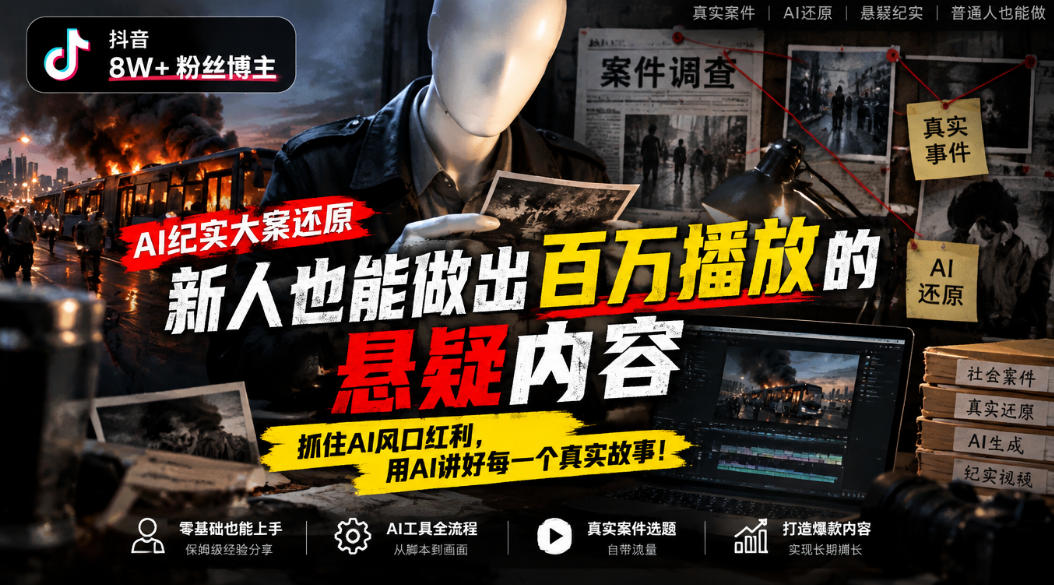 抖音8W粉丝博主的AI纪实大案还原教学，新人也能做出百W播放的悬疑内容，抓住AI风口红利，用AI讲好每一个真实故事-站长V课