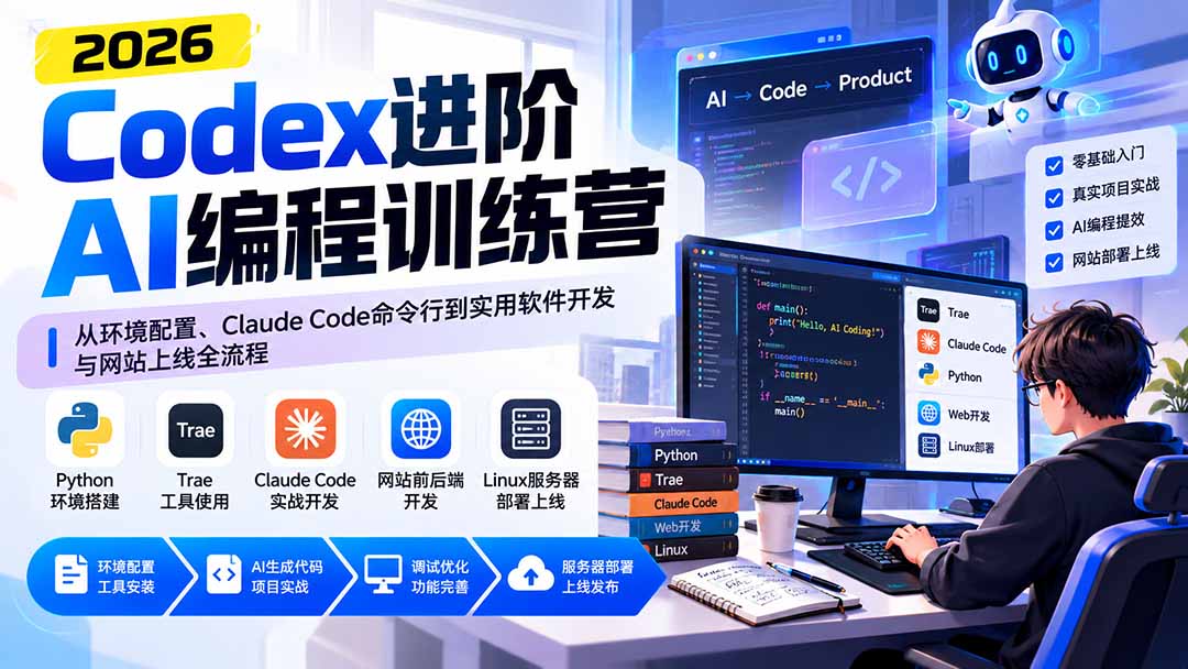 Codex进阶AI编程训练营：从环境配置、Claude Code命令行到实用软件开发与网站上线全流程-站长V课