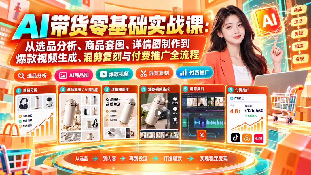 AI带货零基础实战课：从选品分析、商品套图、详情图制作到爆款视频生成、混剪复刻与付费推广全流程-站长V课