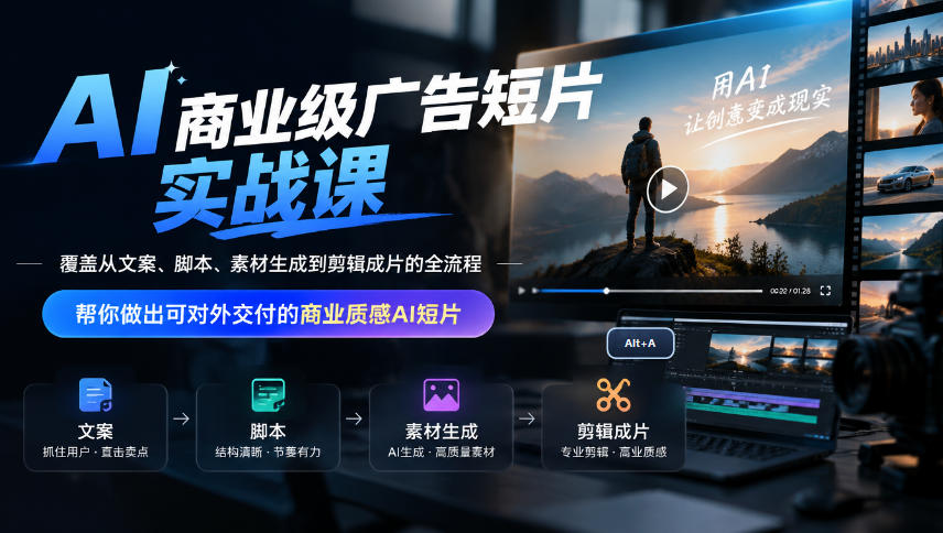 AI商业级广告短片实战课，覆盖从文案、脚本、素材生成到剪辑成片的全流程，帮你做出可对外交付的商业质感AI短片-站长V课