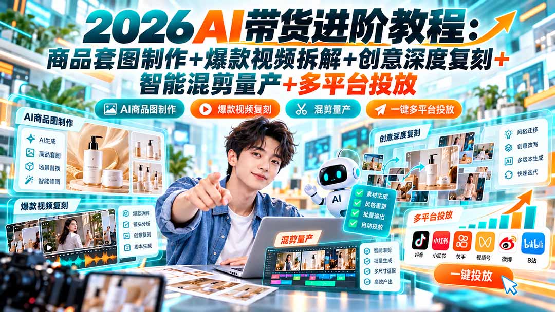 2026AI带货进阶教程：商品套图制作+爆款视频拆解+创意深度复刻+智能混剪量产+多平台投放-站长V课