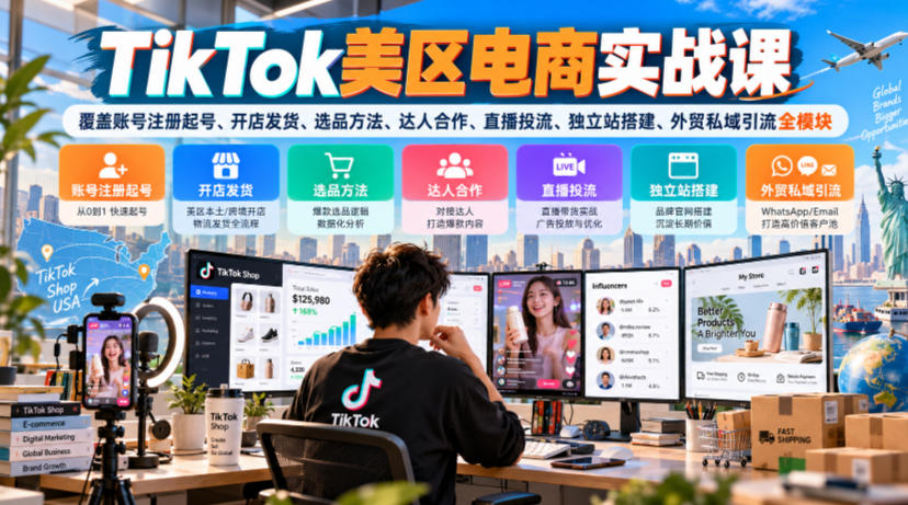 TikTok美区电商实战课，覆盖账号注册起号、开店发货、选品方法、达人合作、直播投流、独立站搭建、外贸私域引流全模块-站长V课