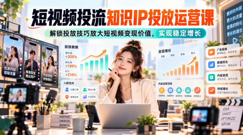 短视频投流知识IP投放运营课，解锁投放技巧放大短视频变现价值，实现稳定增长-站长V课
