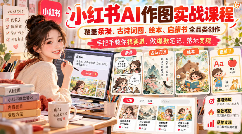 小红书AI作图实战课程，覆盖条漫、古诗词图、绘本、启蒙书全品类创作，手把手教你找赛道、做爆款笔记、落地变现(更新1009)-站长V课