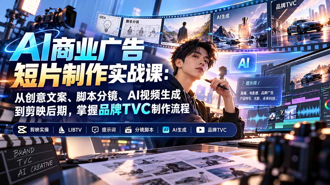 AI商业广告短片制作实战课：从创意文案、脚本分镜、AI视频生成到剪映后期，掌握品牌TVC制作流程-站长V课
