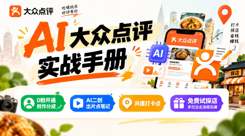 某局的AI大众点评实战手册，0粉开通创作分成、AI二创出片点笔记、共建打卡点、免费试探店多玩法全流程实操-站长V课