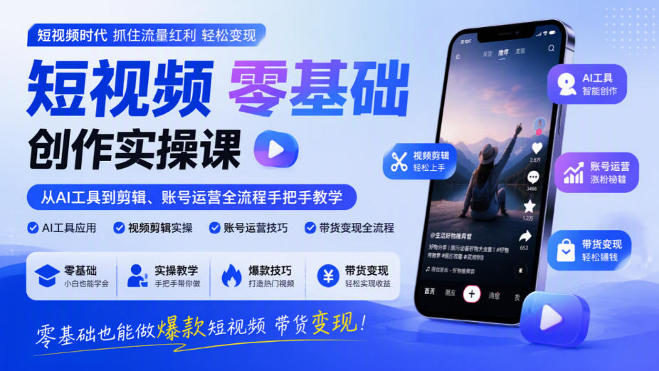短视频零基础创作实操课，从AI工具到剪辑、账号运营全流程手把手教学，零基础也能做爆款短视频带货变现-站长V课