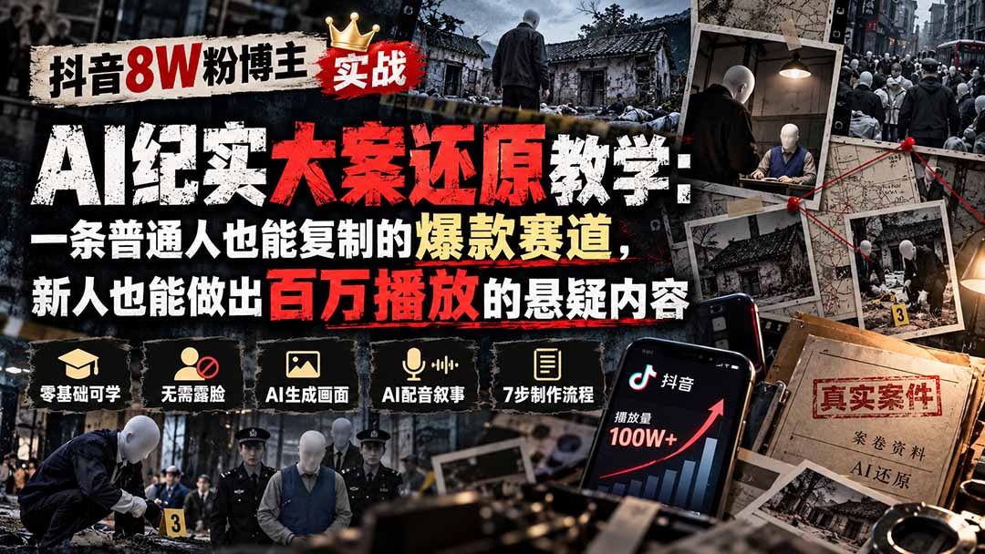抖音8W粉博主AI纪实大案还原教学：一条普通人也能复制的爆款赛道，新人也能做出百万播放的悬疑内容-站长V课