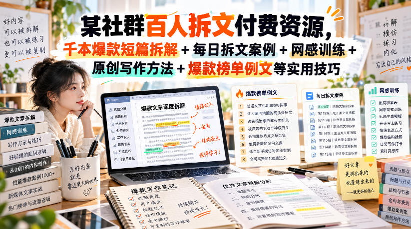 (无水印)某社群百人拆文付费资源，千本爆款短篇拆解+每日拆文案例+网感训练+原创写作方法+爆款榜单例文等实用技巧(更新1009)-站长V课
