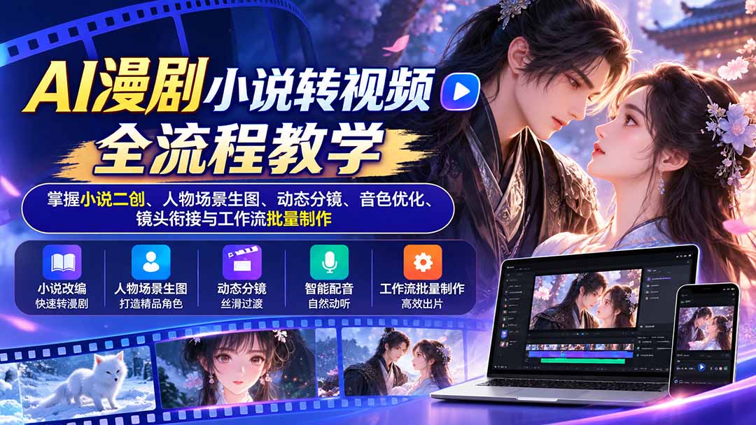 AI漫剧小说转视频全流程教学：掌握小说二创、人物场景生图、动态分镜、音色优化、镜头衔接与工作流批量制作-站长V课