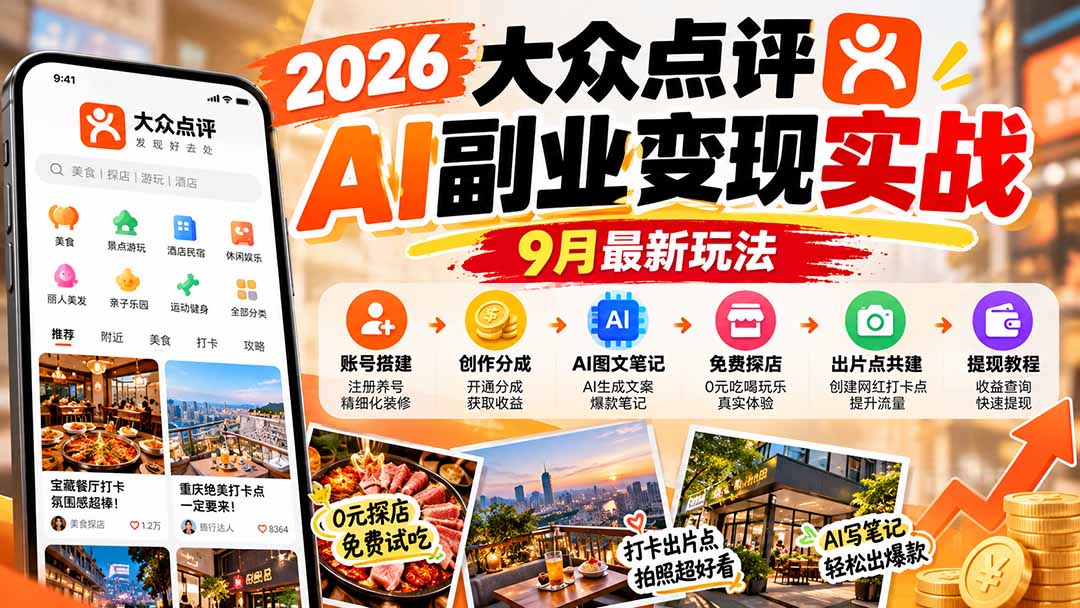 2026大众点评AI副业变现实战9月最新玩法：账号搭建+创作分成+AI图文笔记+免费探店+出片点共建与提现教程-站长V课