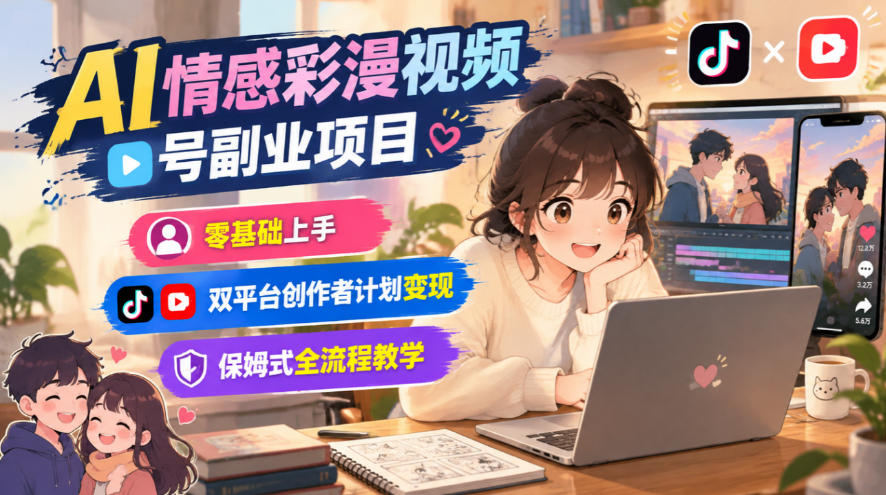 AI情感彩漫视频号副业项目，零基础上手，双平台创作者计划变现，保姆式全流程教学-站长V课