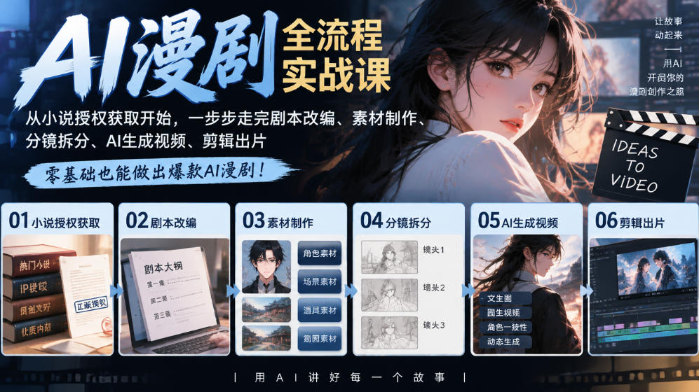 AI漫剧全流程实战课｜从小说授权获取开始，一步步走完剧本改编、素材制作、分镜拆分、AI生成视频、剪辑出片全流程-站长V课