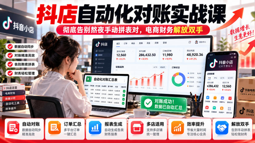 抖店自动化对账实战课，彻底告别熬夜手动拼表对，账电商财务解放双手-站长V课