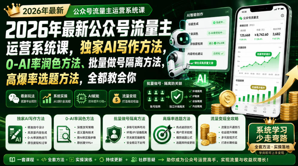 2026年最新公众号流量主运营系统课，独家AI写作方法，0-AI率润色方法、批量做号隔离方法、高爆率选题方法，全都教会你(更新1009)-站长V课