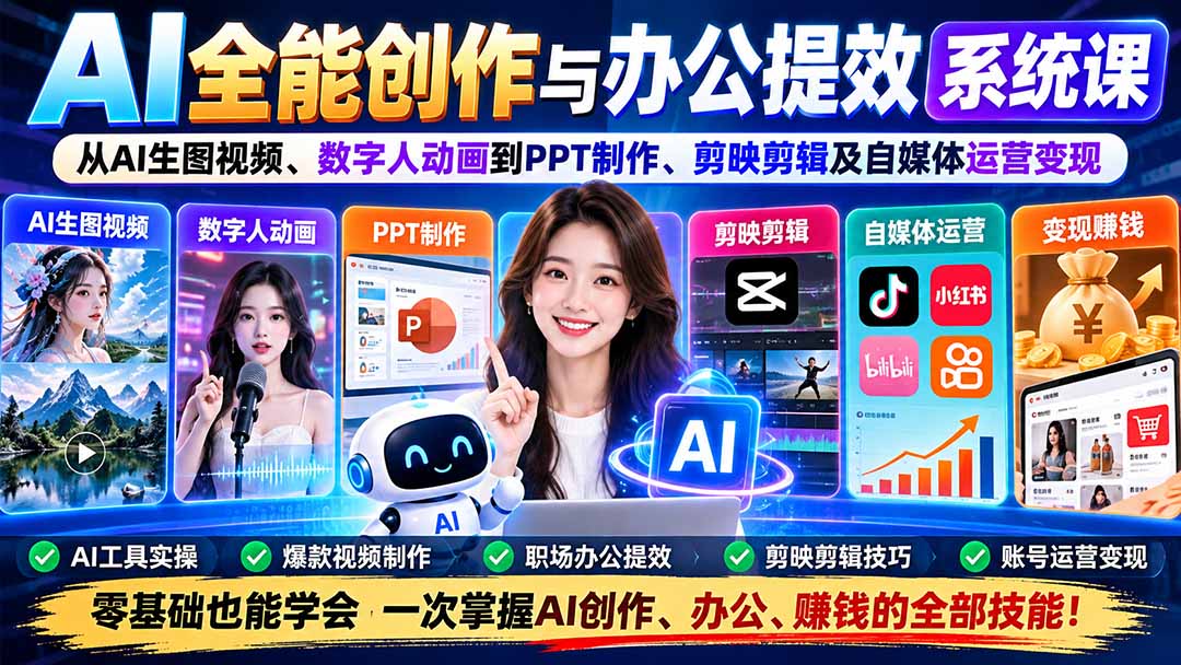AI全能创作与办公提效系统课：从AI生图视频、数字人动画到PPT制作、剪映剪辑及自媒体运营变现-站长V课