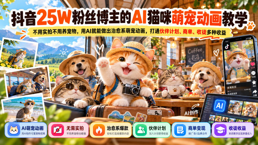 抖音25W粉丝博主的AI猫咪萌宠动画教学，不用实拍不用养宠物，用AI就能做出治愈系萌宠动画，打通伙伴计划、商单、收徒多种收益-站长V课