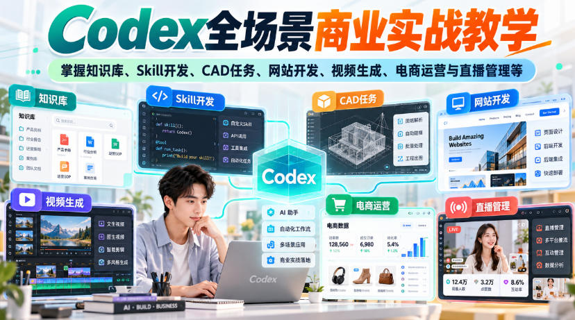 Codex全场景商业实战教学，掌握知识库、Skill开发、CAD任务、网站开发、视频生成、电商运营与直播管理等(更新1010)-站长V课