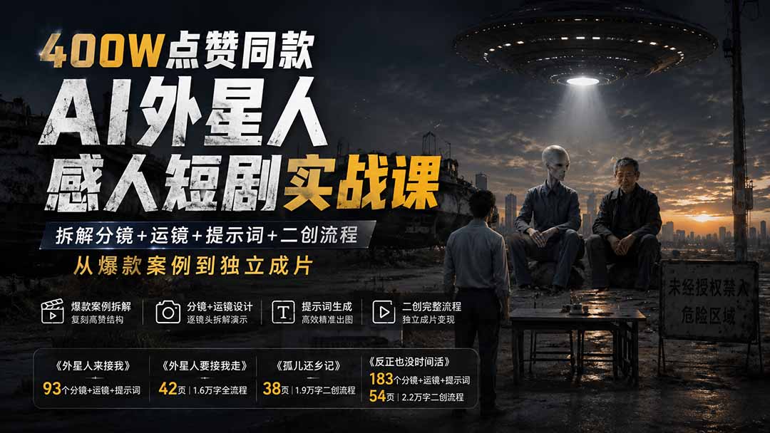 400W点赞同款AI外星人感人短剧实战课-更新1009：拆解分镜+运镜+提示词+二创流程，从爆款案例到独立成片-站长V课