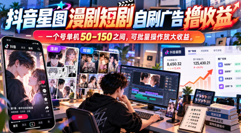 抖音星图漫剧短剧自刷广告撸收益，一个号单机50-150之间，可批量操作放大收益-站长V课