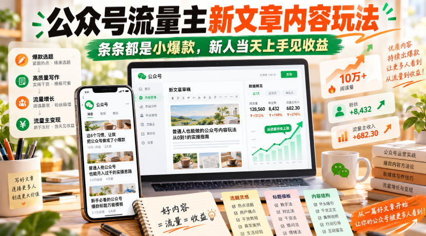 公众号流量主新文章内容玩法，条条都是小爆款，新人当天上手见收益-站长V课