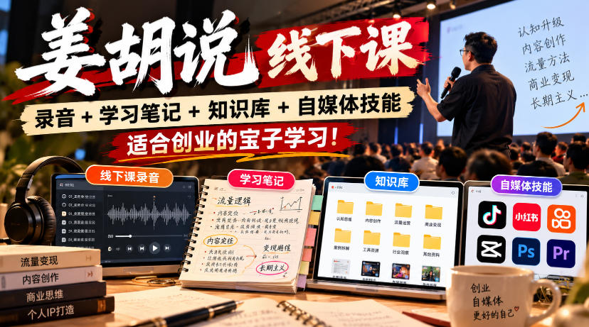 姜胡说线下课录音＋学习笔记＋知识库＋自媒体技能，​适合创业的宝子学习！-站长V课