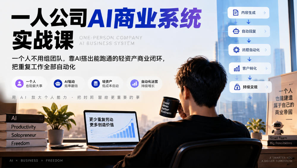 一人公司AI商业系统实战课，一个人不用组团队，靠AI搭出能跑通的轻资产商业闭环，把重复工作全部自动化-站长V课