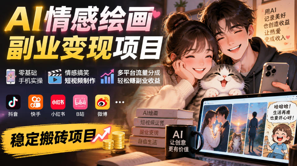 AI情感绘画副业变现项目｜零基础手机实操，情感搞笑短视频制作，多平台流量分成轻松賺副业收益-站长V课